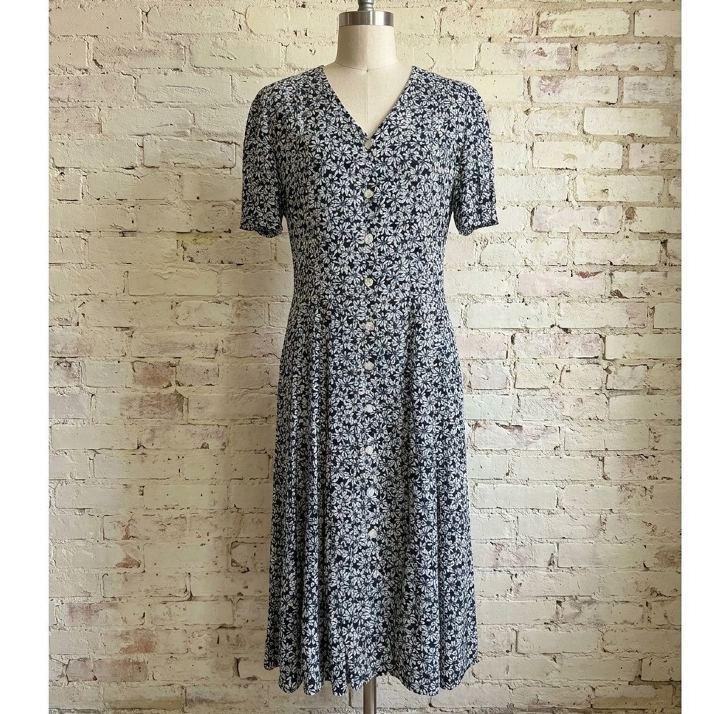 Jonathan Martin Dress Navy Blue White Floral Button Up Vintage 90s Grunge 11/12